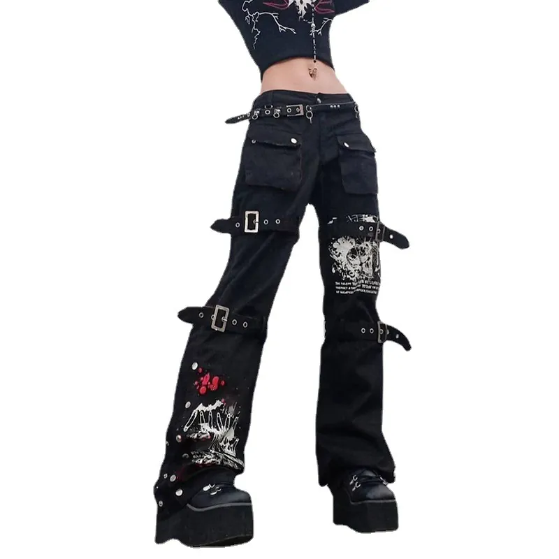 Women Streetwear Cargo Jeans Gothic Punk Skull Print Metal Buckle Straight Leg Denim Pants Y2K Emo Alt Style High Waist Trousers