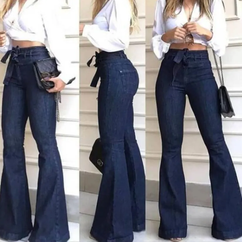 Jeans Évasés à Taille Haute pour Femmes avec Lacets en Denim Jambe Large Pantalon Cloche Couleur Unie Décontracté Long Élastique