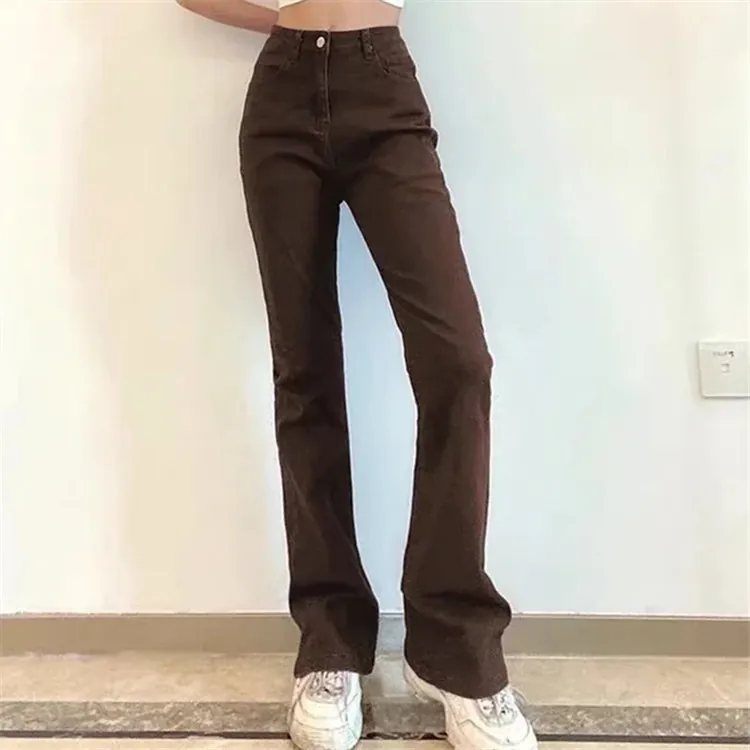 Jeans Flare Taille Haute Rétro Pour Femmes Coupe Ajustée Pantalon En Denim De Coton Élastique Avec Bord Franc Pantalon Vintage