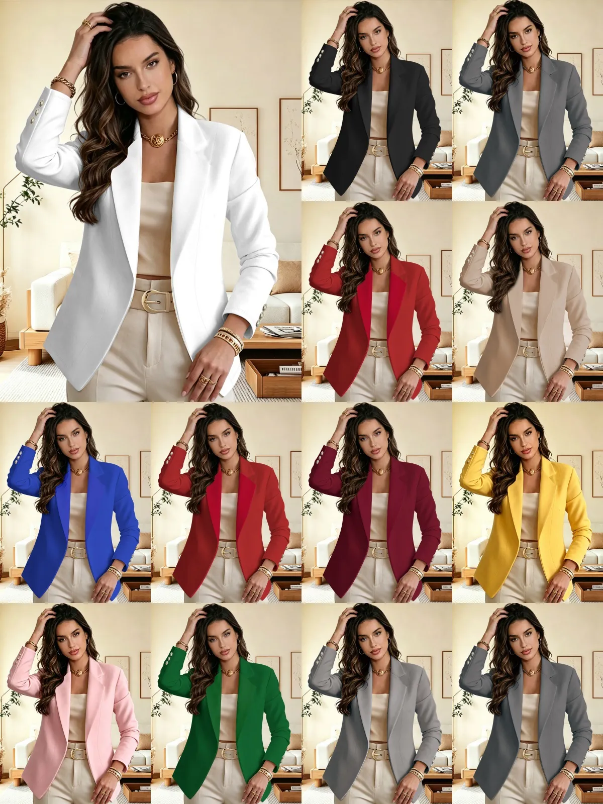 Women Fashion Lapel Long Sleeve Blazer Jacket Slim Fit Solid Color Office Lady Suit With Three Cuff Buttons Outerwear