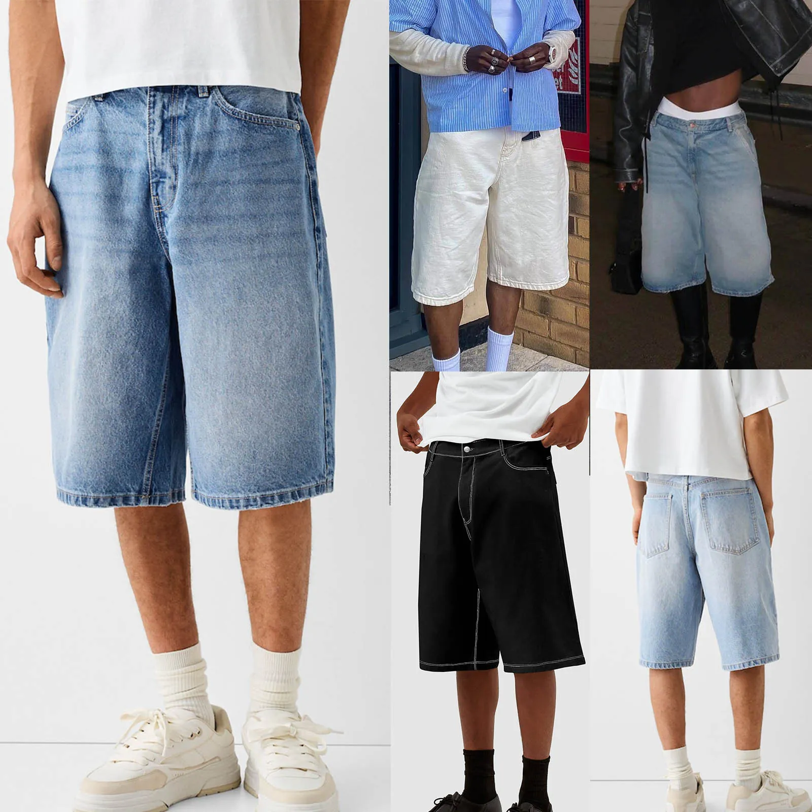 Men's Loose Denim Shorts Hip Hop Contrast Stitching Washed Cotton Knee Length Straight Leg Jeans Shorts Baggy Streetwear Bottoms