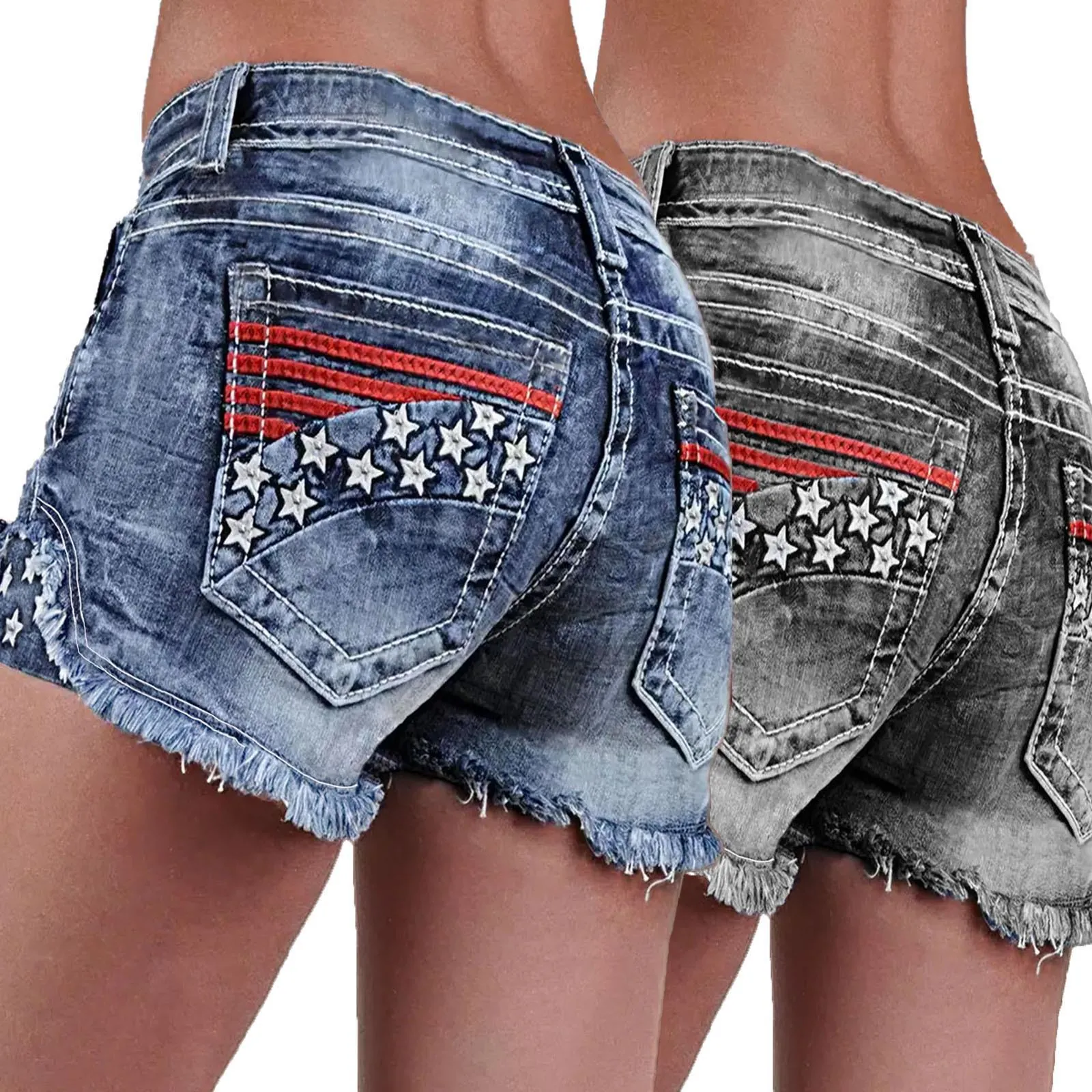 Pantalones Cortos de Mezclilla Bordados para Mujer Retro Cintura Media Jeans Rotos Alta Elasticidad Dobladillo Deshilachado Parche de Estrella