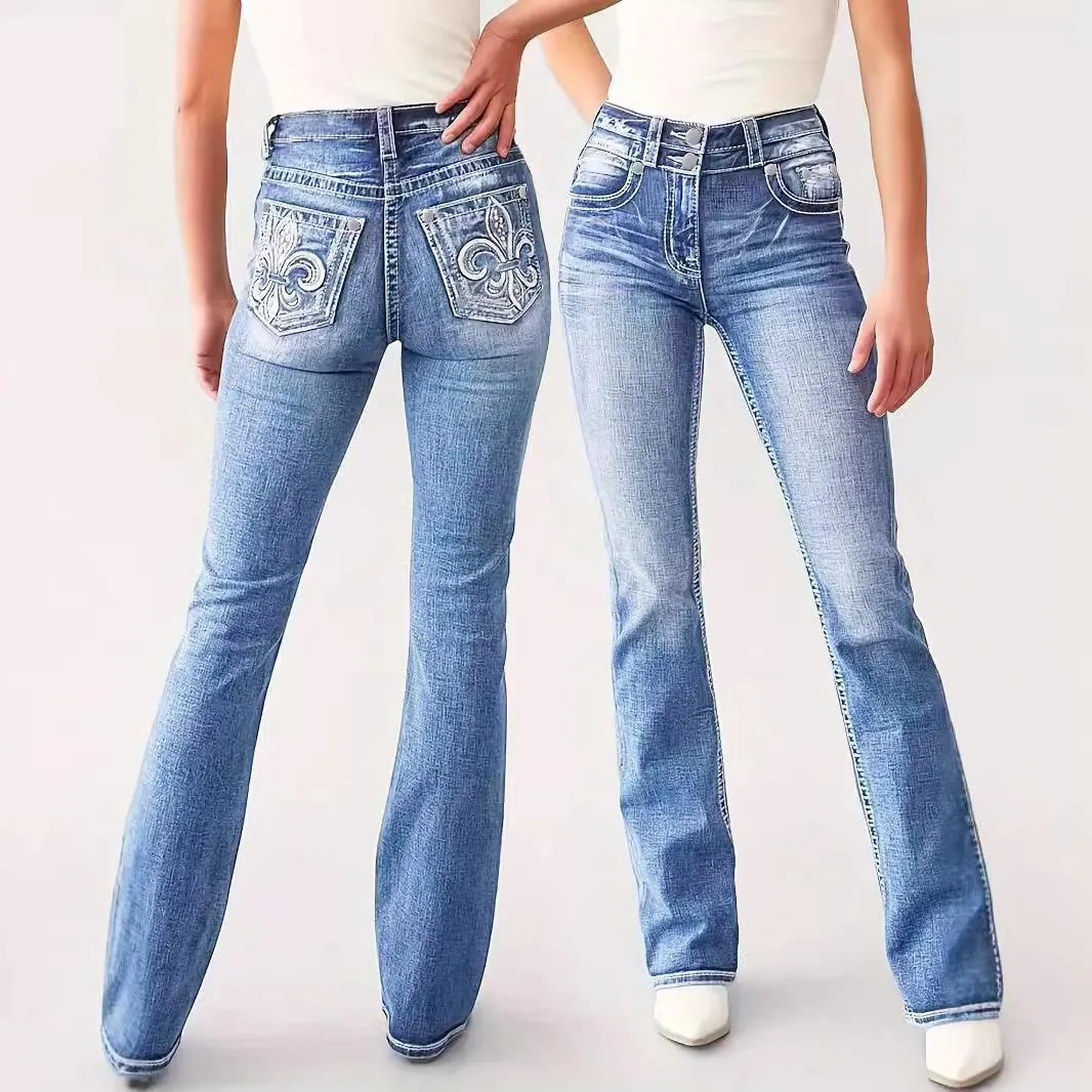Damen High Waist Stickerei Jeans Schlaghose Slim Fit Kontrastnähte Denim Hose Retro Blau Bootcut Streetwear