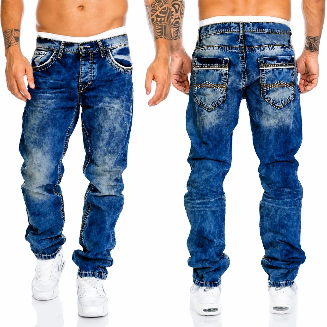 Men's Hip Hop Straight Leg Jeans Contrast Stitching Embroidered Cotton Denim Bottom Washed Casual Streetwear Pants
