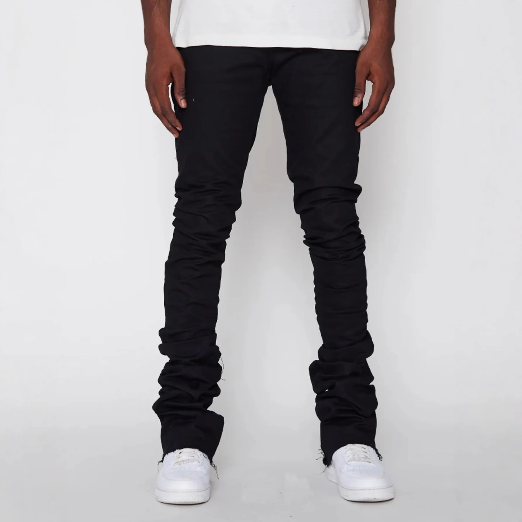 Men Streetwear Black Stacked Jeans Slim Fit Stretchy Cotton Denim Pants Washed Ruched Hip Hop Stacked Trousers For Men