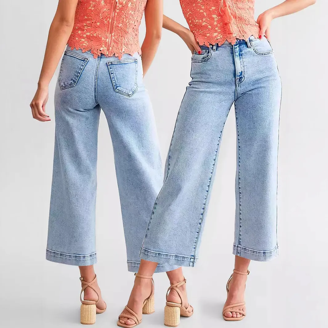 Jeans Femme Taille Haute Jambe Droite九分 Denim Bleu Clair Pantalon Coupe Ajustée Streetwear Décontracté Cinq Poches