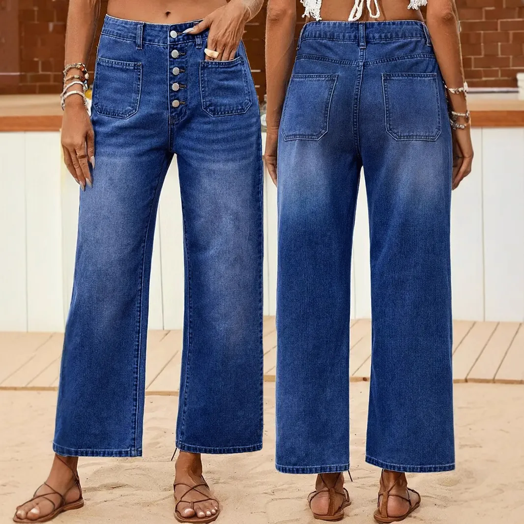 Women's High Waist Button Fly Wide Leg Jeans Casual Ankle Length Denim Pants Loose Fit Patch Pocket Solid Color Cotton Trousers For Vacation Streetwear