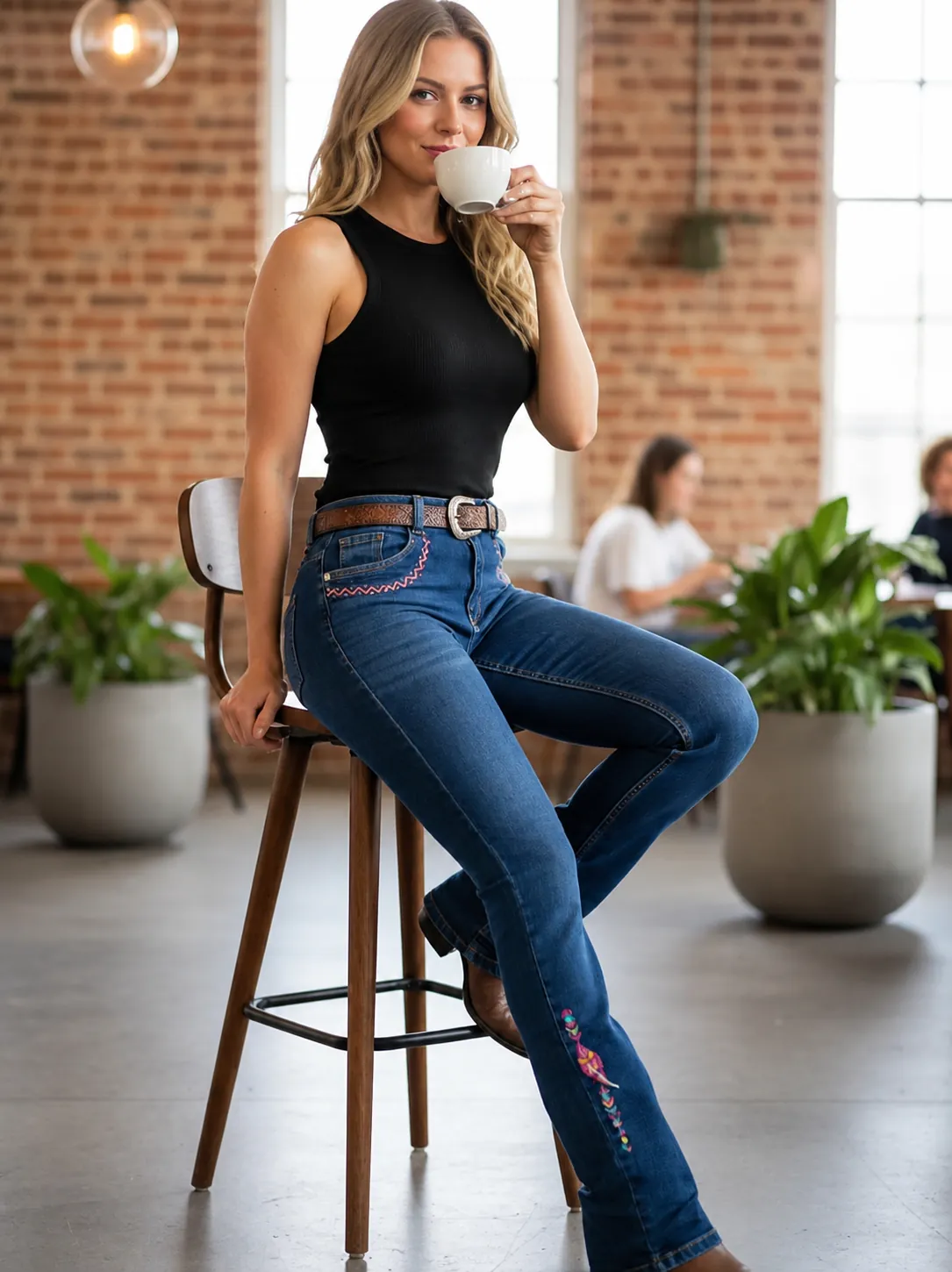 Women Slim Fit Flare Jeans Retro Ethnic Flower Feather Embroidered Denim Pants Cotton Blend Boho High Waist Stretch Trousers