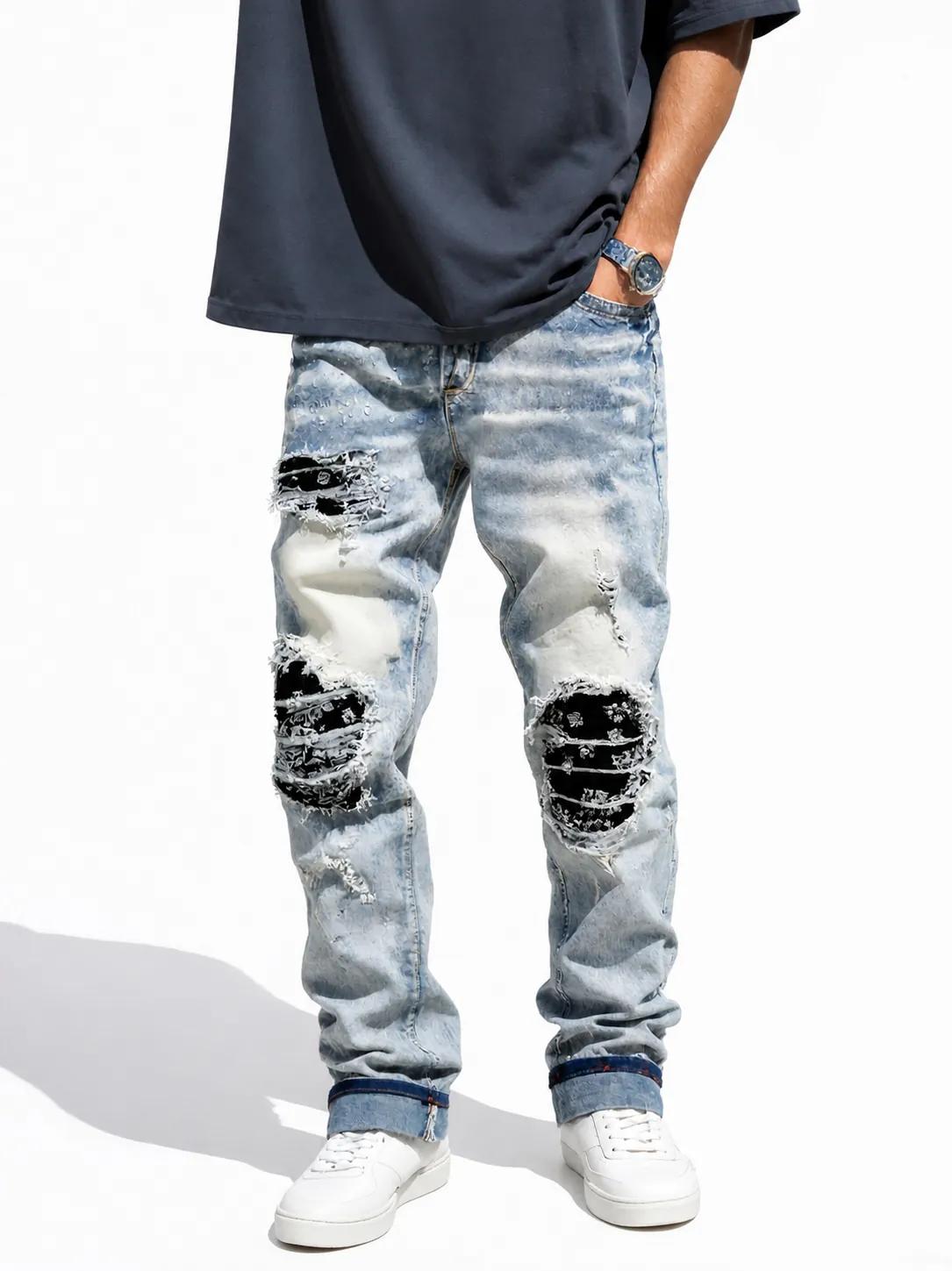 Men's High Street Ripped Slim Fit Jeans Light Blue Washed Distressed Denim Pants With Paisley Patch Hip Hop Men Clothing