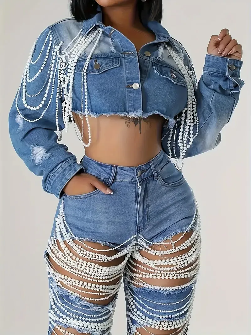 Women Denim Jacket Ripped Distressed Heavy Craft Artificial Pearl Tassel Chain Crop Long Sleeve Streetwear Gothic Jean Coat