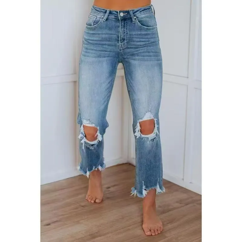 Jean Skinny Déchiré Femme Haute Élasticité Bord Franc Denim Court Streetwear Décontracté Coupe Slim Taille Moyenne Pantalon