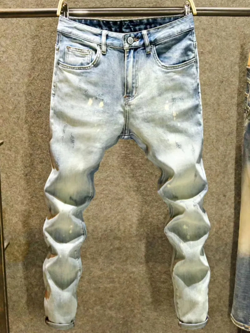 Jeans Homme Dégradé Coupe Droite Ajustée Denim Usé Style High Street Avec Effet Éclaboussures De Peinture Pantalon Casual
