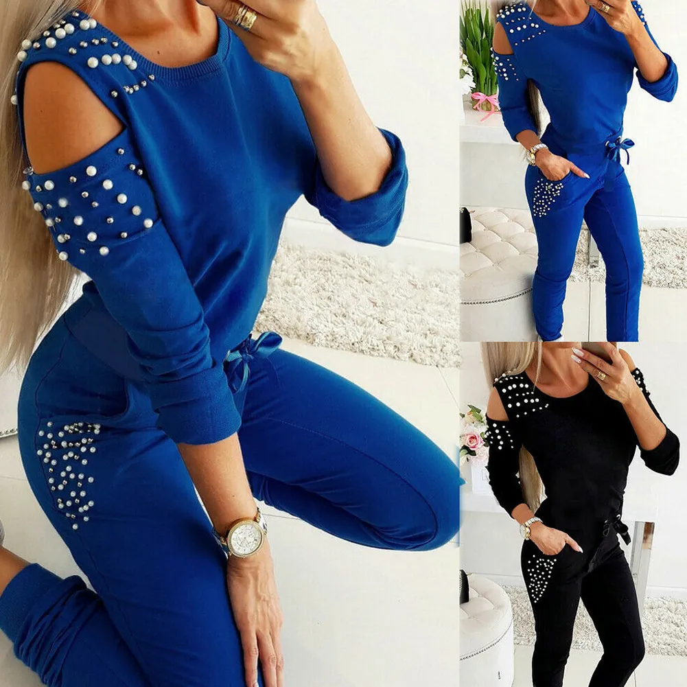 Γυναικείο Casual Σετ Πάνω Και Κάτω Έξωμο Διακόσμηση Μαργαριτάρια Μακρυμάνικο Στρογγυλή Λαιμόκοψη Σετ Βαμβακερό Σέξι Ρούχα για Γυναίκες