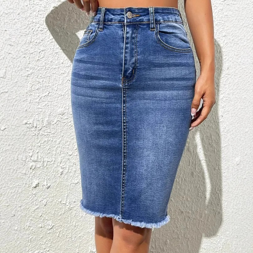 Women High Waist Denim Midi Skirt Stretchy Frayed Hem Bodycon Pencil Skirt Streetwear Stone Wash Blue Jeans Skirt Casual Slim Fit