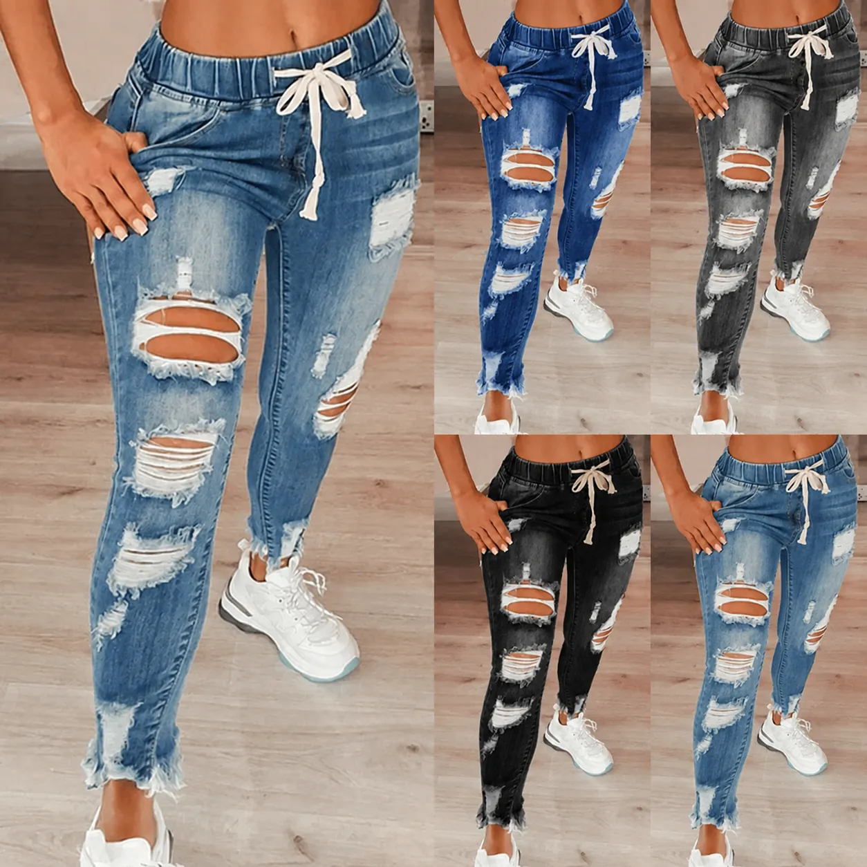 Jeans Skinny Déchirés pour Femmes Mélange de Coton Lavé Denim Pantalons Crayon avec Cordon de Serrage Taille Moyenne Pantalons Longs