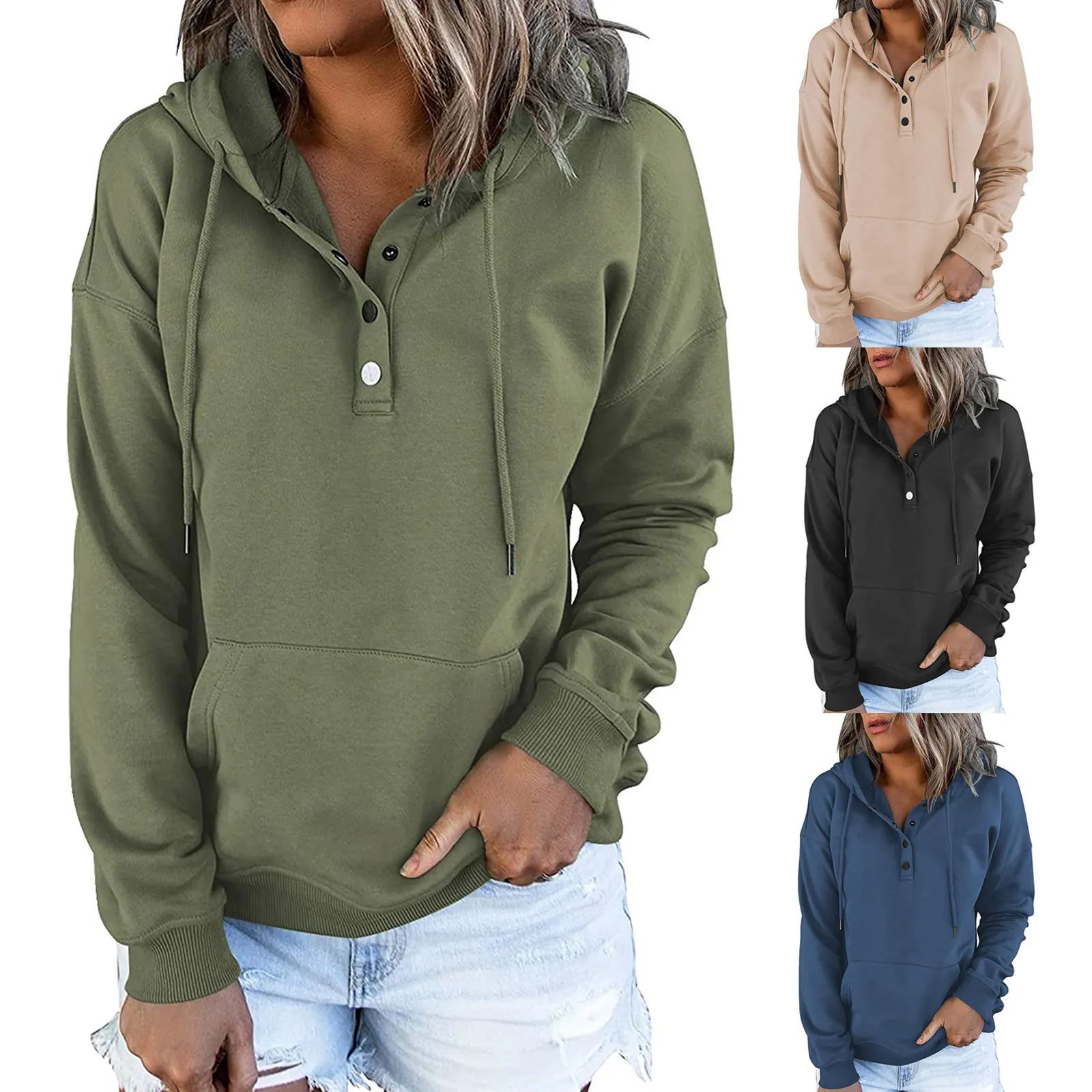 Women Casual Hoodie Long Sleeve Cotton Blend Loose Pullover Sweatshirt With Drawstring Pocket Solid Color Top