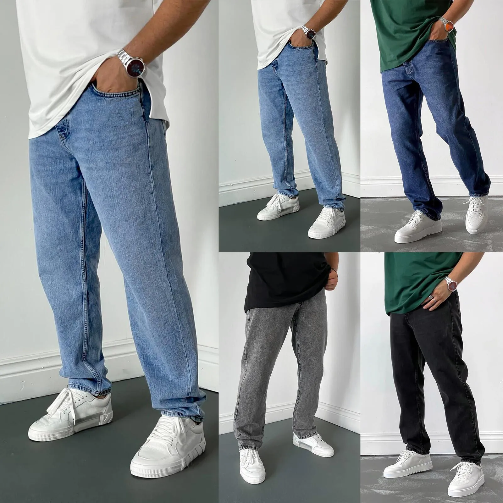 Men Casual Cotton Denim Jeans Straight Leg Washed Trousers Solid Color Mid Waist Long Pants For Men Daily Streetwear