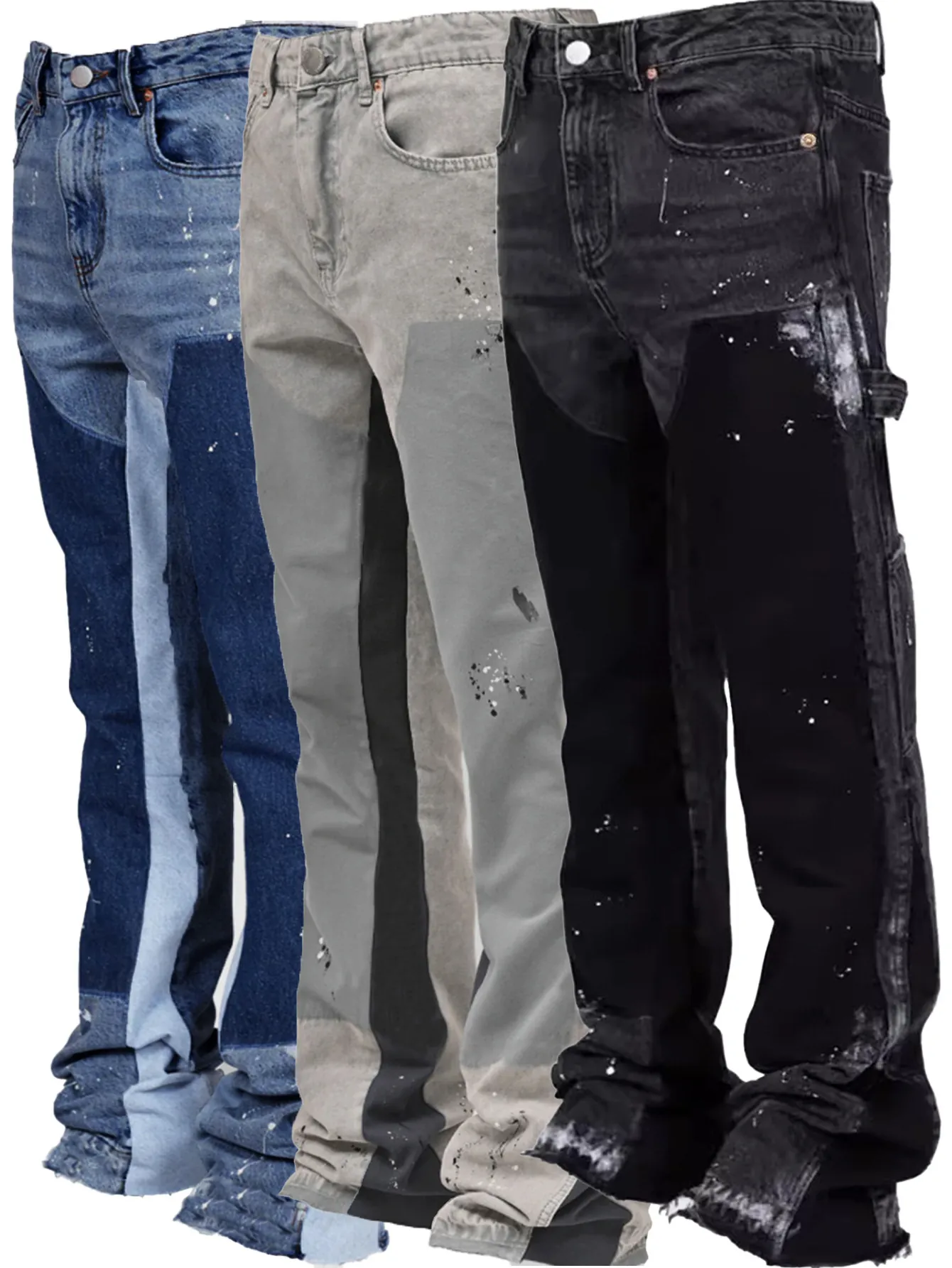 Men Western Fashion Patchwork Cotton Denim Cargo Pants Stacked Flare Leg Jeans With Paint Splatter Carpenter Trousers