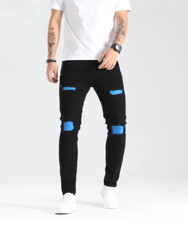 Jeans Skinny Strappati da Uomo di Tendenza Denim Nero Distressed Patchwork Blu Slim Fit Pantaloni Elasticizzati Streetwear Moda Uomo