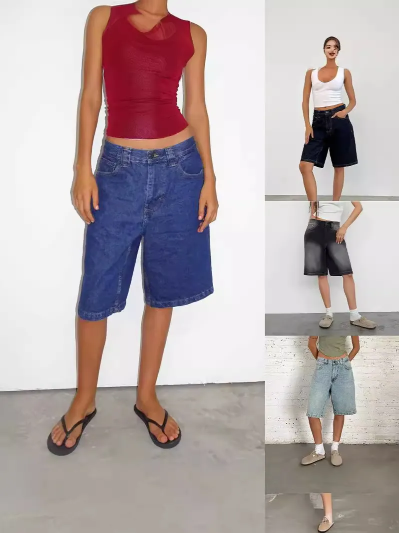 Women's Vintage Loose Bermuda Denim Shorts Casual Non-Stretch Knee Length Mid Waist Distressed Wide Leg Jean Shorts (16391)