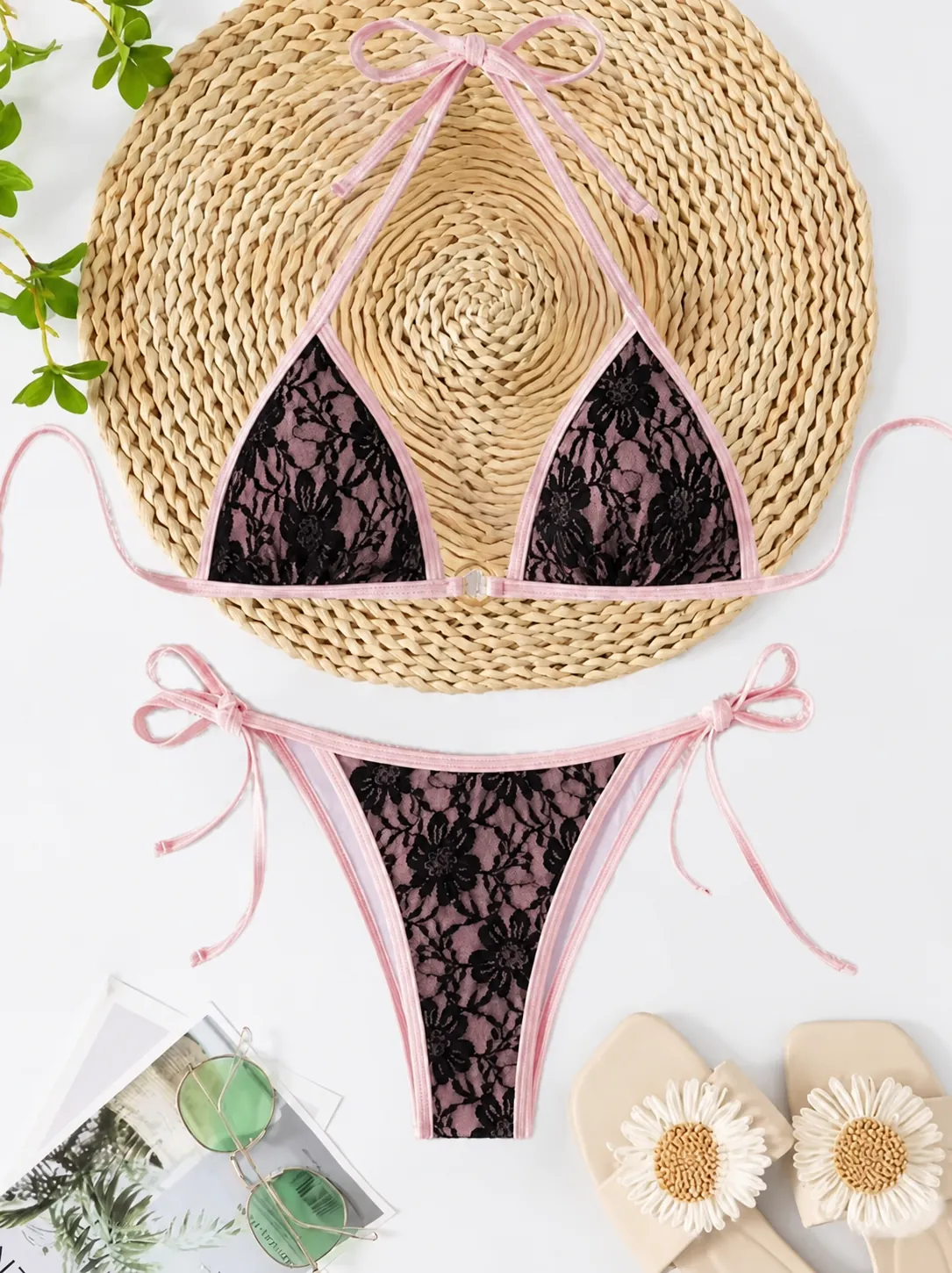 Sexy Blumen Spitze Bikini Set Für Damen Halfter Rückenfrei Strandbekleidung Top Und Bottom Urlaub Badeanzug