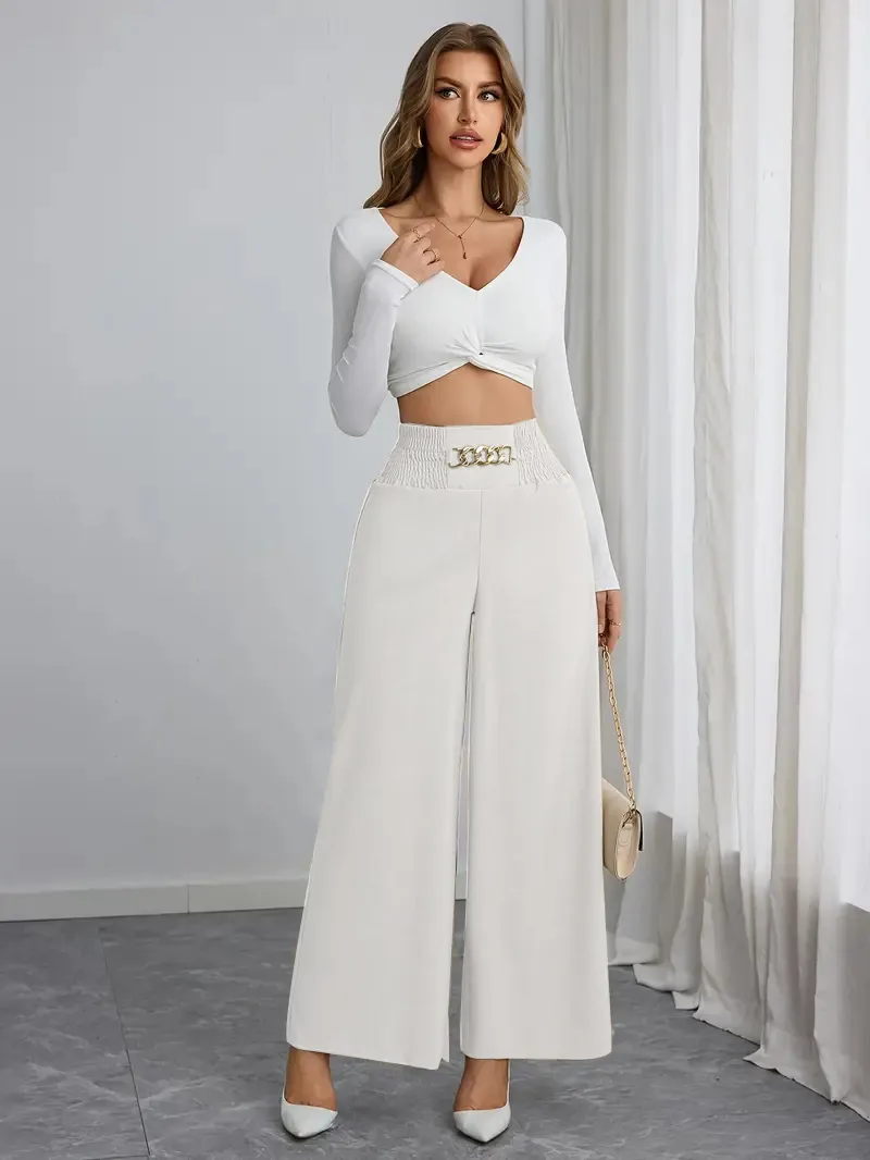 Dames High Waist Wijde Pijpen Broek Elegant Woon-werkverkeer Effen Kleur Polyester Spandex Gesmokte Taille Gouden Ketting