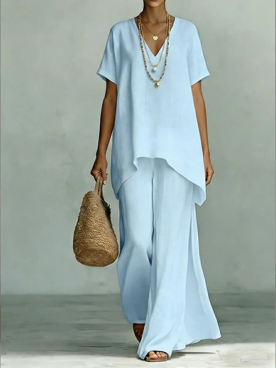 Women Casual V-Neck Short Sleeve Top And Bottom Set Solid Color Loose Wide Leg Pants Outfits Polyester Spandex Woven Summer Vacation Wear