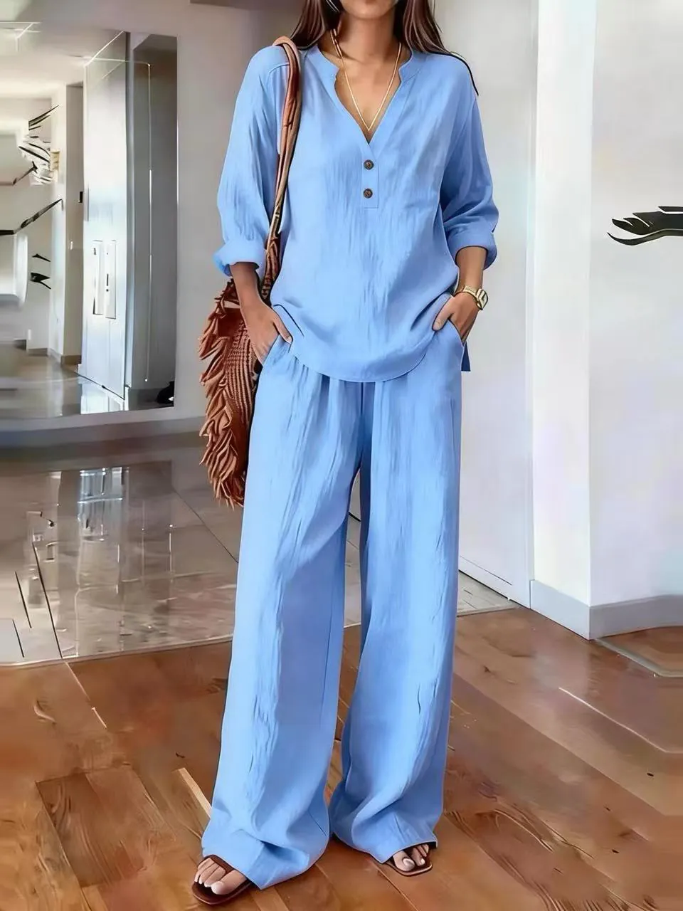 Women Casual Long Sleeve V Neck Solid Color Loose Two Piece Set Polyester Woven Pockets Buttons Top And Bottom Suit