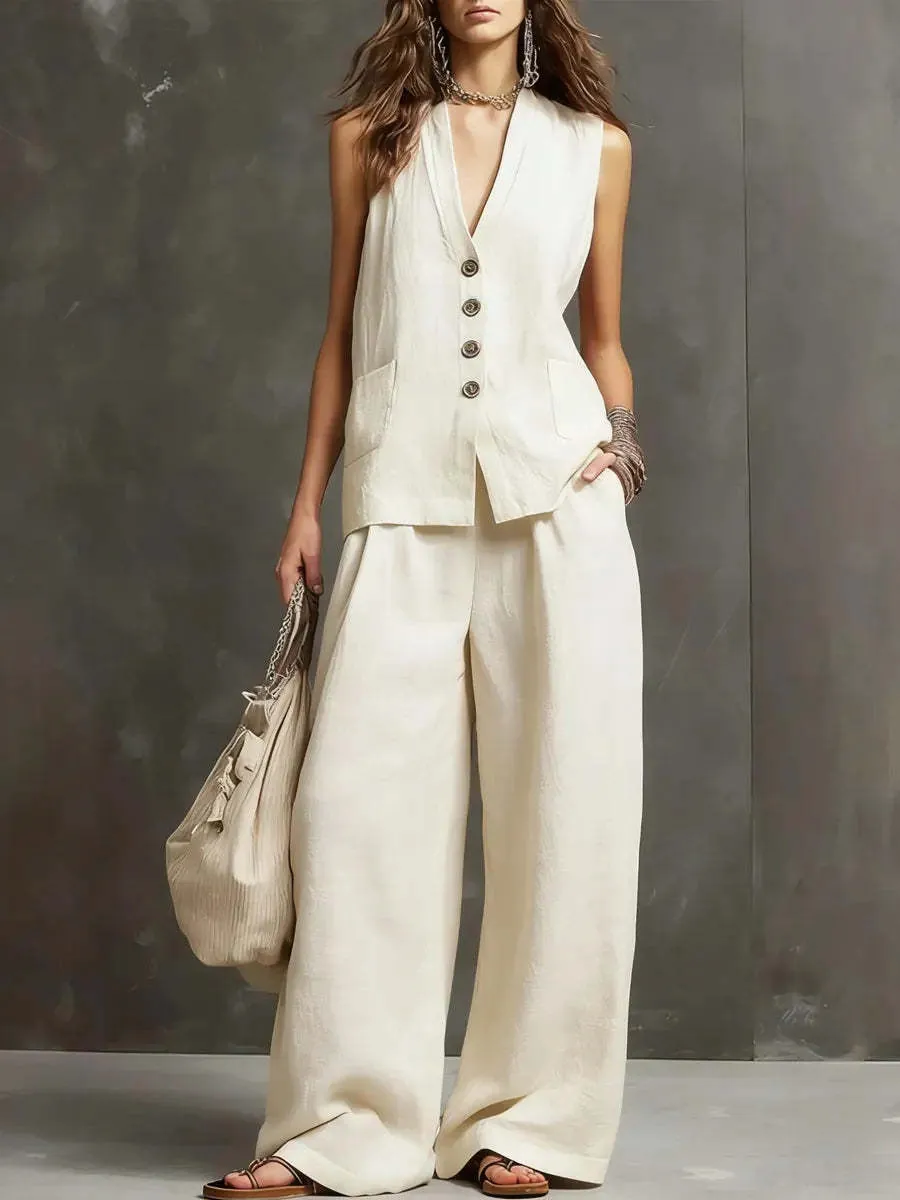 Women Casual Cotton Linen Two Piece Set Sleeveless V Neck Vest And Wide Leg Pants Solid Color Summer Top And Bottom Outfits