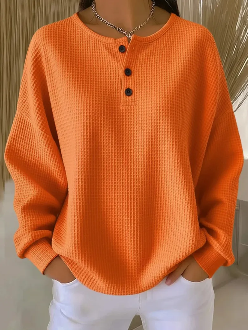 Damen Waffelstrick Langarm Henley Top Casual Einfarbig Rundhals Locker Passform Pullover Sweatshirt Street Fashion Kleidung