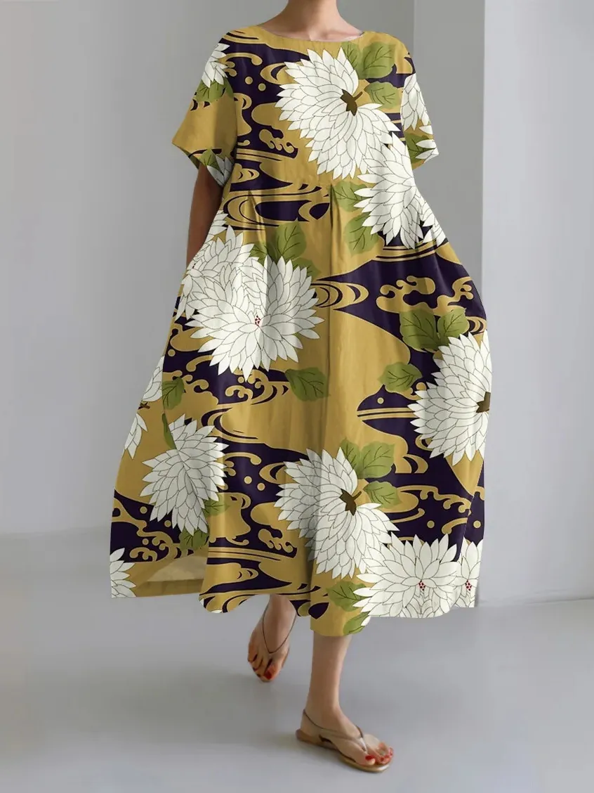 Abito Maxi da Donna in Stile Tokyo Stampato Comodo Casual Giapponese Retro Floreale Abito da Vacanza Estivo Abito Lungo a Trapezio