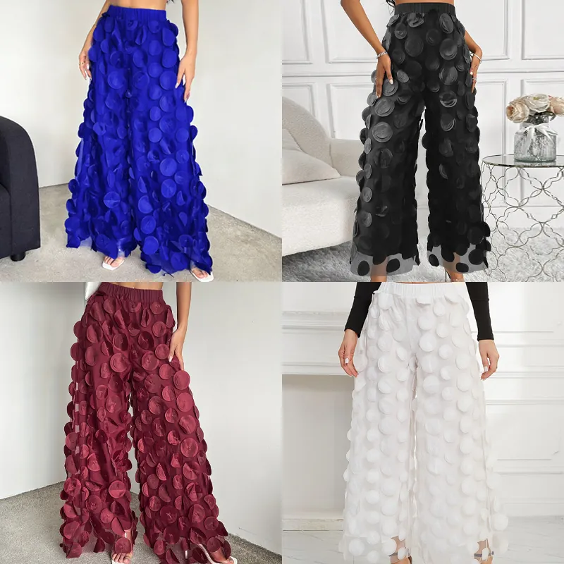 Women High Waist Wide Leg Mesh Pants 3D Polka Dot Tulle Trousers Elegant Straight Long Pants For Party Office Lady Bottom