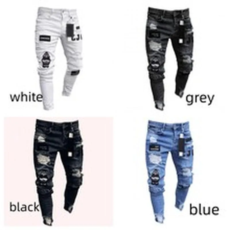 Men Western Streetwear Skinny Ripped Jeans With Badges Patches Washed Distressed Slim Fit Denim Pencil Pants For Men