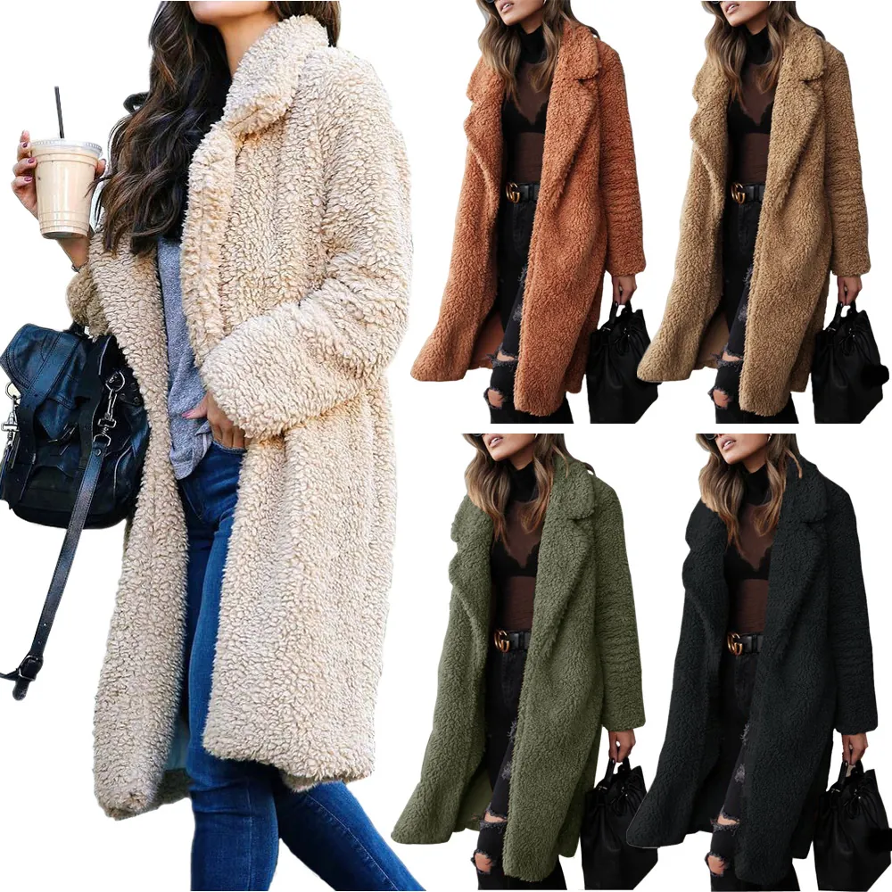 Women Long Teddy Coat Winter Oversized Sherpa Fleece Jacket Lapel Open Front Extra Long Polyester Overcoat Outwear