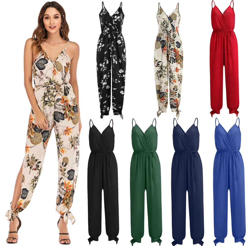 Women's European Streetwear Jumpsuit Sleeveless V-Neck Spaghetti Strap Drawstring Waist Floral Tropical Print Polyester Top And Bottom Casual Summer Jumpsuit