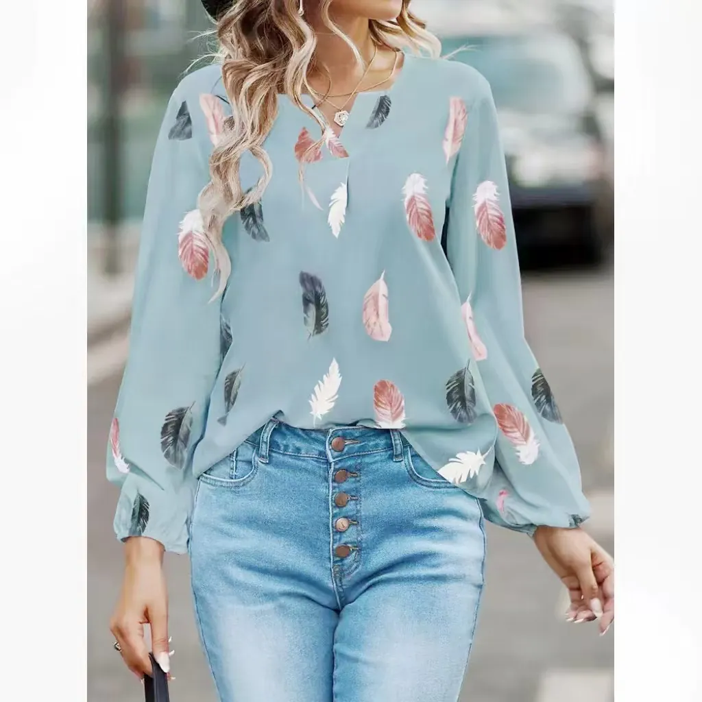 Damen Elegant Feder Bedruckt V-Ausschnitt Top Locker Langarm Polyester T-Shirt Lässig Frühling Mode Bluse Für Damen