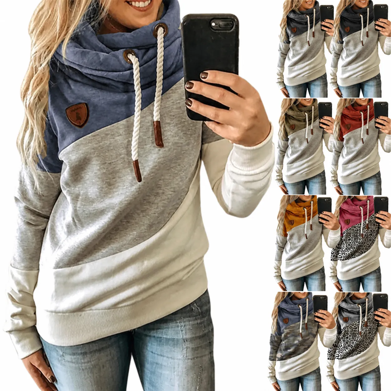 Women Casual Cowl Neck Color Block Hoodie Long Sleeve Pullover Loose Contrast Color Stitching Sweatshirt With Drawstring