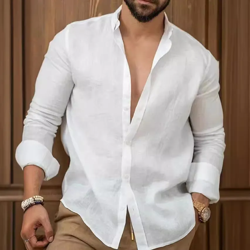 Men's Casual Cotton Blend Long Sleeve Shirt Solid Color Turn-down Collar Button-down Fashion Leisure Breathable Top For Men