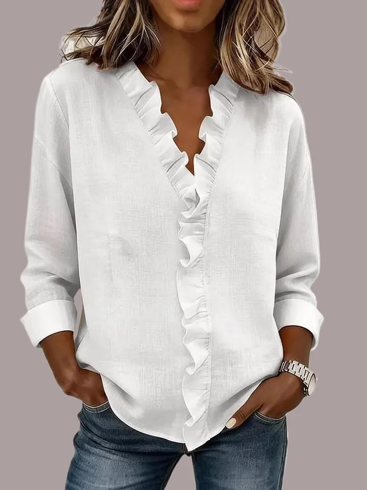 Camicetta da Donna Elegante Minimalista Scollo a V con Volant Manica Lunga Tinta Unita Poliestere Patchwork Top Casual Primavera Estate
