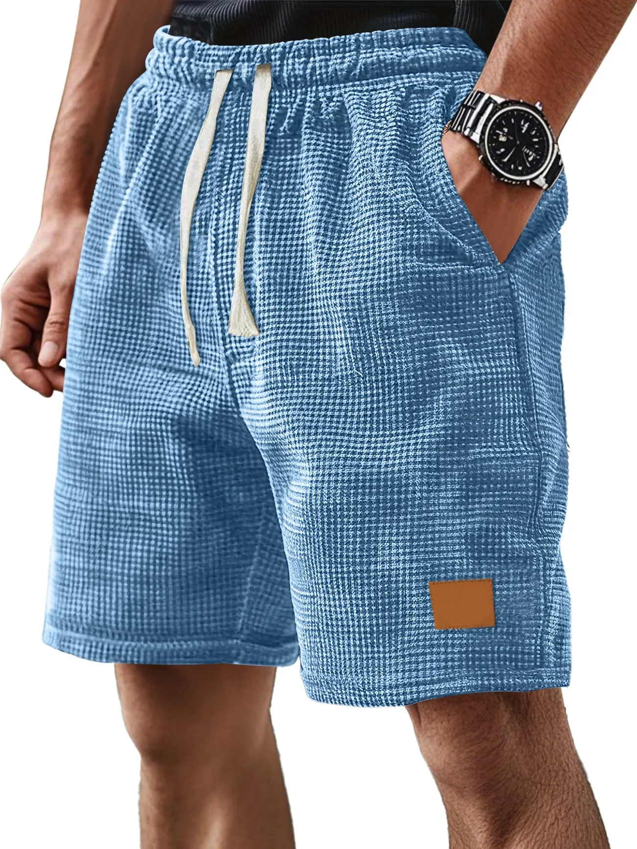 Short Décontracté pour Homme Tricot Gaufre Cordon de Serrage Taille Élastique Avec Écusson en Cuir Léger Respirant Short de Plage Été Top