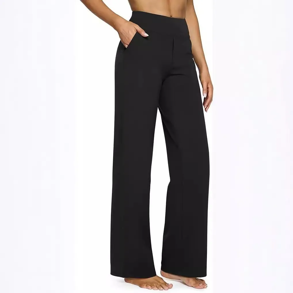 Pantaloni a Vita Alta da Donna Gamba Dritta Pantaloni Casual Vestibilità Ampia Con Tasche Poliestere Tinta Unita Autunno