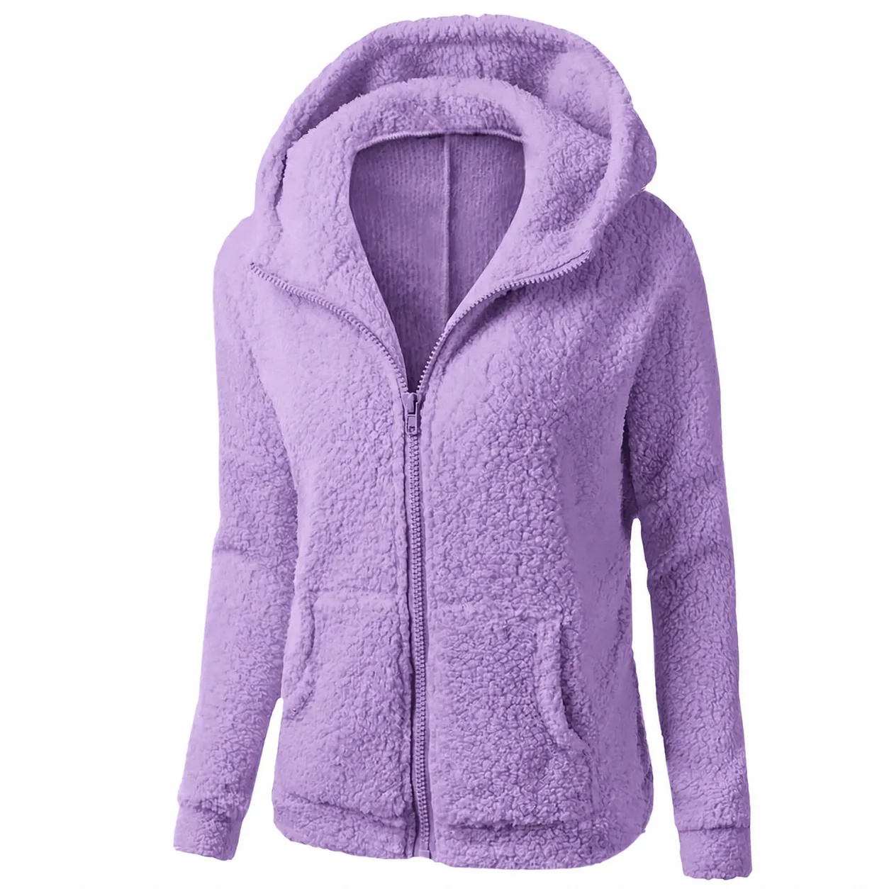 Women Casual Hooded Fuzzy Fleece Jacket Loose Full Zip Solid Color Warm Plush Outerwear Sweatshirt Top With Pockets