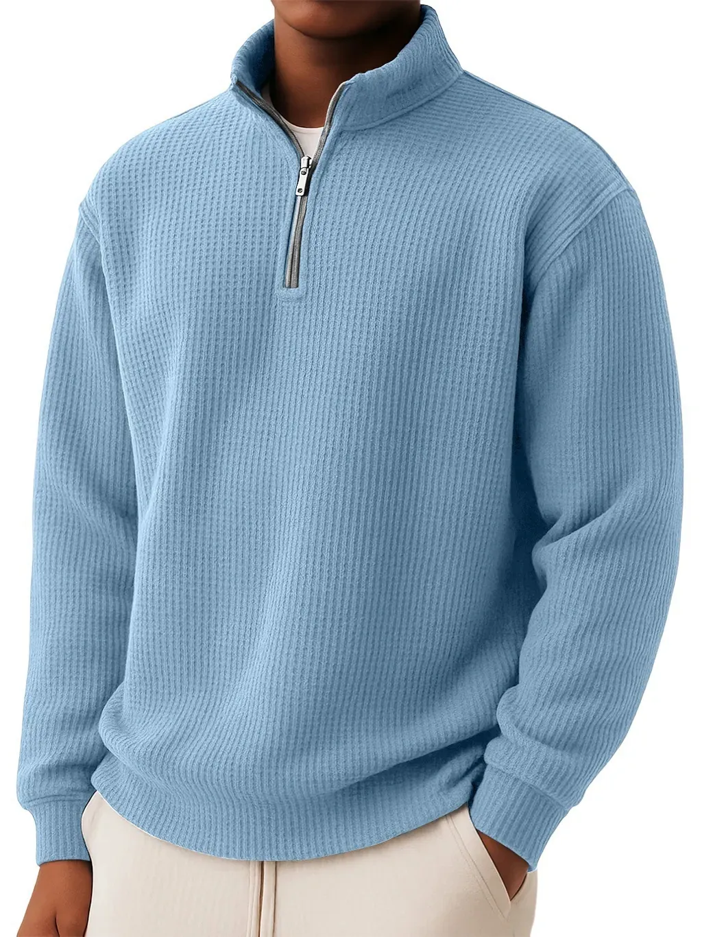 Men Waffle Knit Quarter Zip Sweatshirt Loose Casual Stand Collar Polyester Pullover Top 2025 Autumn Fashion Men Clothing