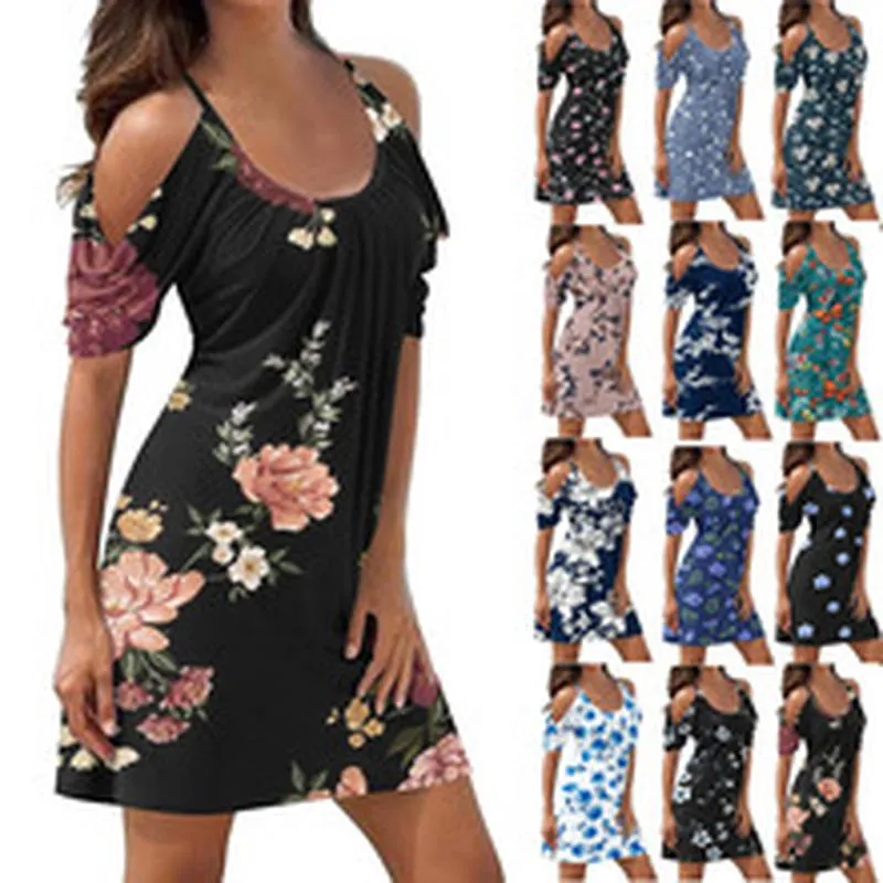 Women's Summer Floral Swing Dress Cold Shoulder Strappy Casual Beach Vacation Loose Print One-Piece Midi Dress