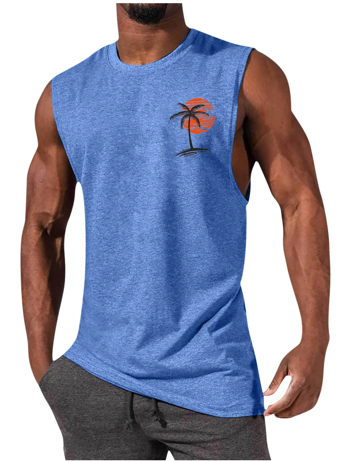 Men Sporty Muscle Tank Top Cotton Blend Sleeveless T-Shirt With Coconut Tree Sunset Print Casual Summer Fitness Vest Top