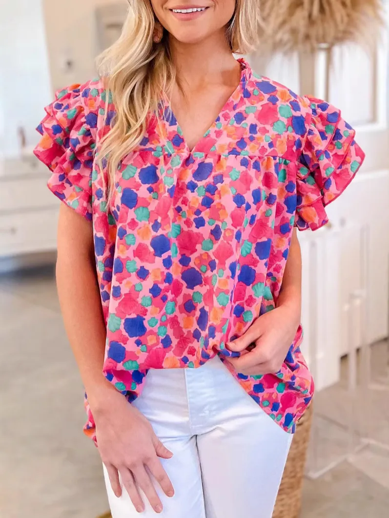 Damen Casual Polyester Bedruckte V-Ausschnitt Bluse Neue Mode Rüschen Flügelärmel Muschelmuster Sommer Süßes Kurzarm Top Frauen Hemd
