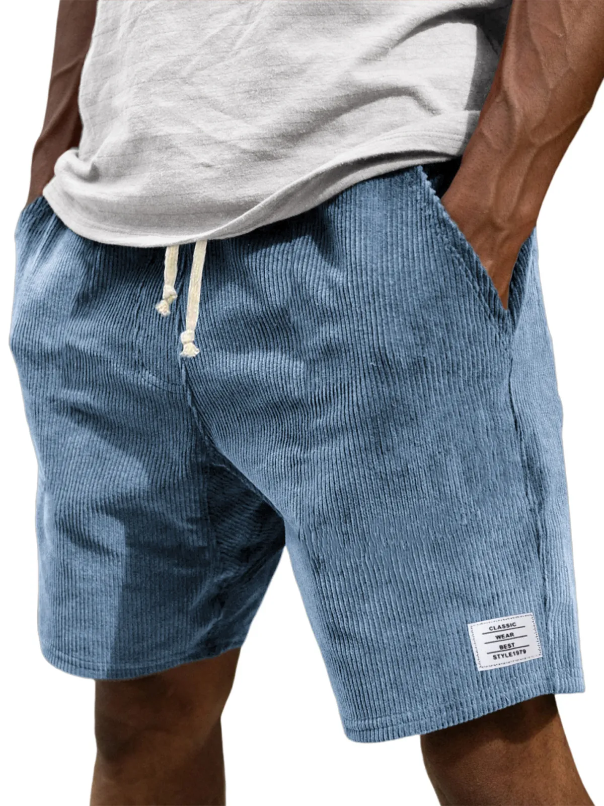 Men's Casual Corduroy Shorts Elastic Waist Drawstring Pockets Straight Leg Shorts Korean Fashion Solid Color Bottoms For Men