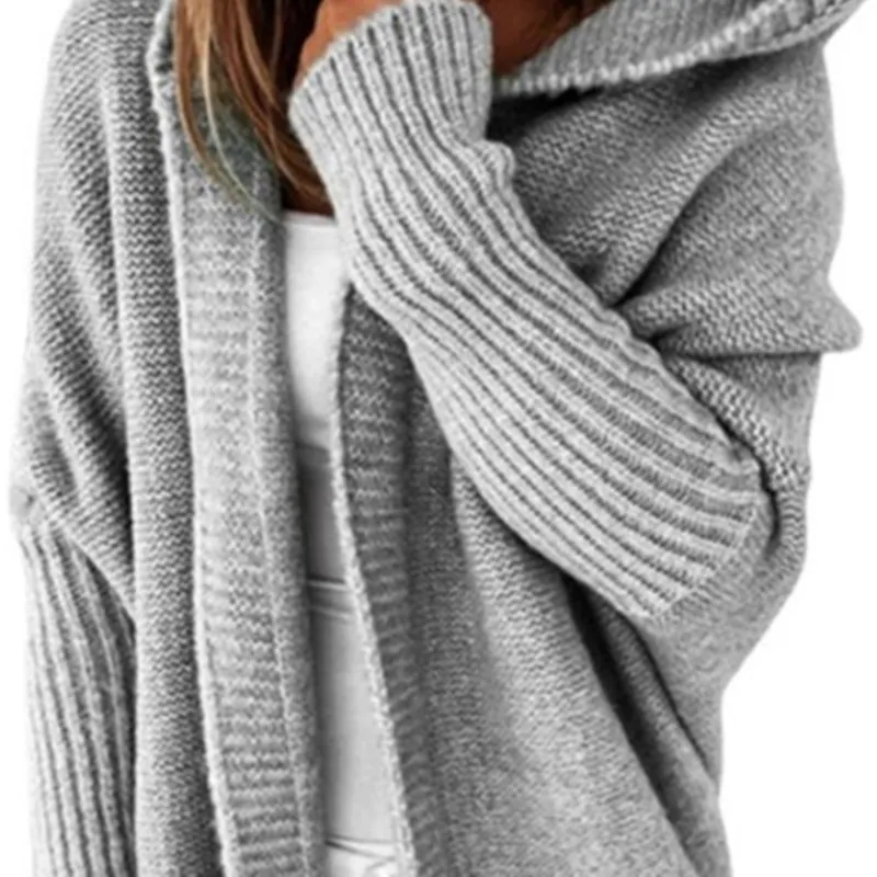 Women Casual Batwing Sleeve Hooded Knitted Cardigan Sweater Solid Color Loose Open Front Outerwear For Autumn Winter