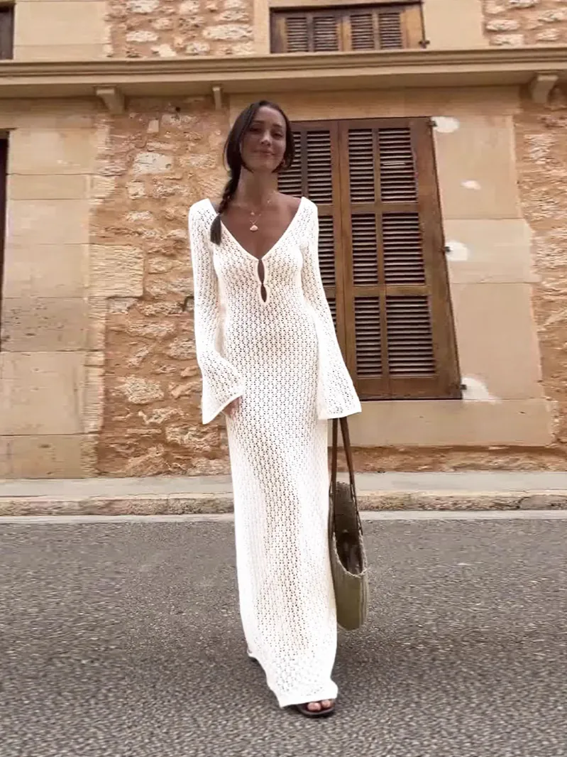 Sexy Damen Gestrickt Hohl Geschnitten Strandabdeckung Kleid Einfarbig V-Ausschnitt Glockenärmel Häkeln Badeanzug Bikini Oberteil Und Unterteil