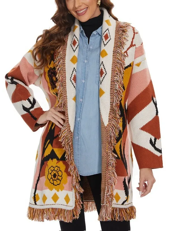 Damen Bohemian Vintage Rosenmuster Mittellange Dicke Wolle Strickjacke Mit Fransen Und Bindegürtel Ethno-Stil Mantel